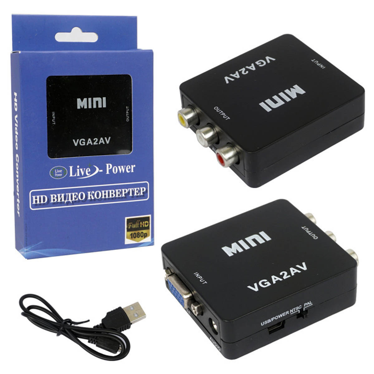 Переходник, адаптер, конвертер LIVE-POWER H130, VGA to 3 RCA, AUX разъем, кабель питания Mini USB, цвет черный