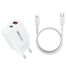 СЗУ (Сетевое зарядное устройство) REMAX Kiddy RP-U120 с кабелем USB Type C на Lightning 8 pin, 20W, 1 USB, 1 USB Type C, цвет белый