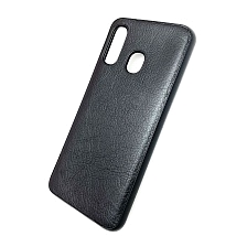 Чехол накладка для SAMSUNG Galaxy A40 (SM-A405), силикон, под кожу, с логотипом, цвет черный.
