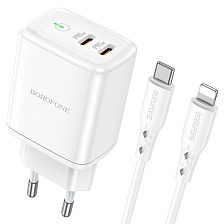 СЗУ (Сетевое зарядное устройство) BOROFONE BN9 Reacher с кабелем USB Type C на Lightning 8 pin, 35W, 2 USB Type C, PD35W, QC3.0, длина 1 метр, цвет белый