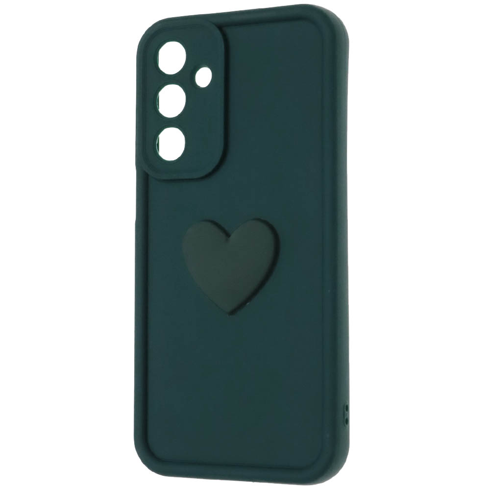 Чехол накладка для SAMSUNG Galaxy A16, силикон, 3D сердце, защита камеры, бортики, цвет темно зеленый