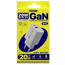 СЗУ (Сетевое зарядное устройство) REMAX GaN U187-AC20W, 20W, 1 USB Type C, 1 USB, цвет белый