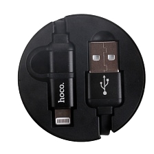 HOCO U23 USB дата-кабель рулетка 2 в 1 Micro-USB + Lightning 8 pin, цвет чёрный.