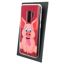 Чехол накладка для SAMSUNG Galaxy S9 Plus (SM-G965), силикон, глянцевый, блестки, рисунок Розовый поросенок