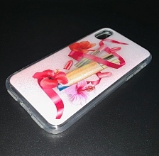 Чехол накладка для APPLE iPhone X, XS, силикон, рисунок розовые цветы и губная помада.
