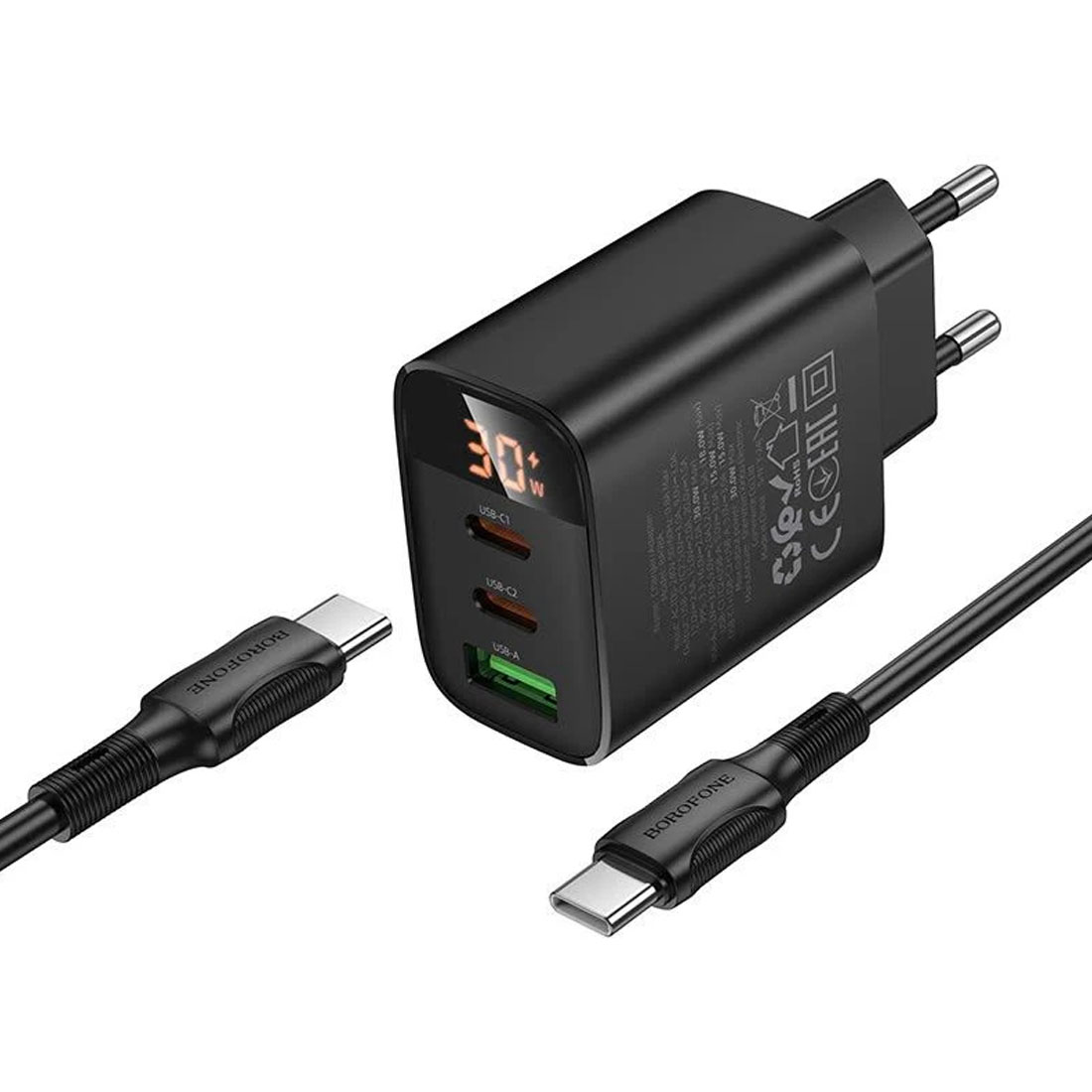 СЗУ (Сетевое зарядное устройство) BOROFONE BA98A Ilustre с кабелем USB Type C на USB Type C, 1 USB A, 2 USB Type C, PD30W, QC3.0, Led дисплей, длина 1 метр, цвет черный