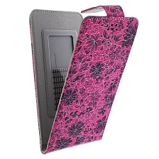 Чехол книжка универсальная Армор для смартфонов размером L, экокожа, цвет малиновый с цветочками