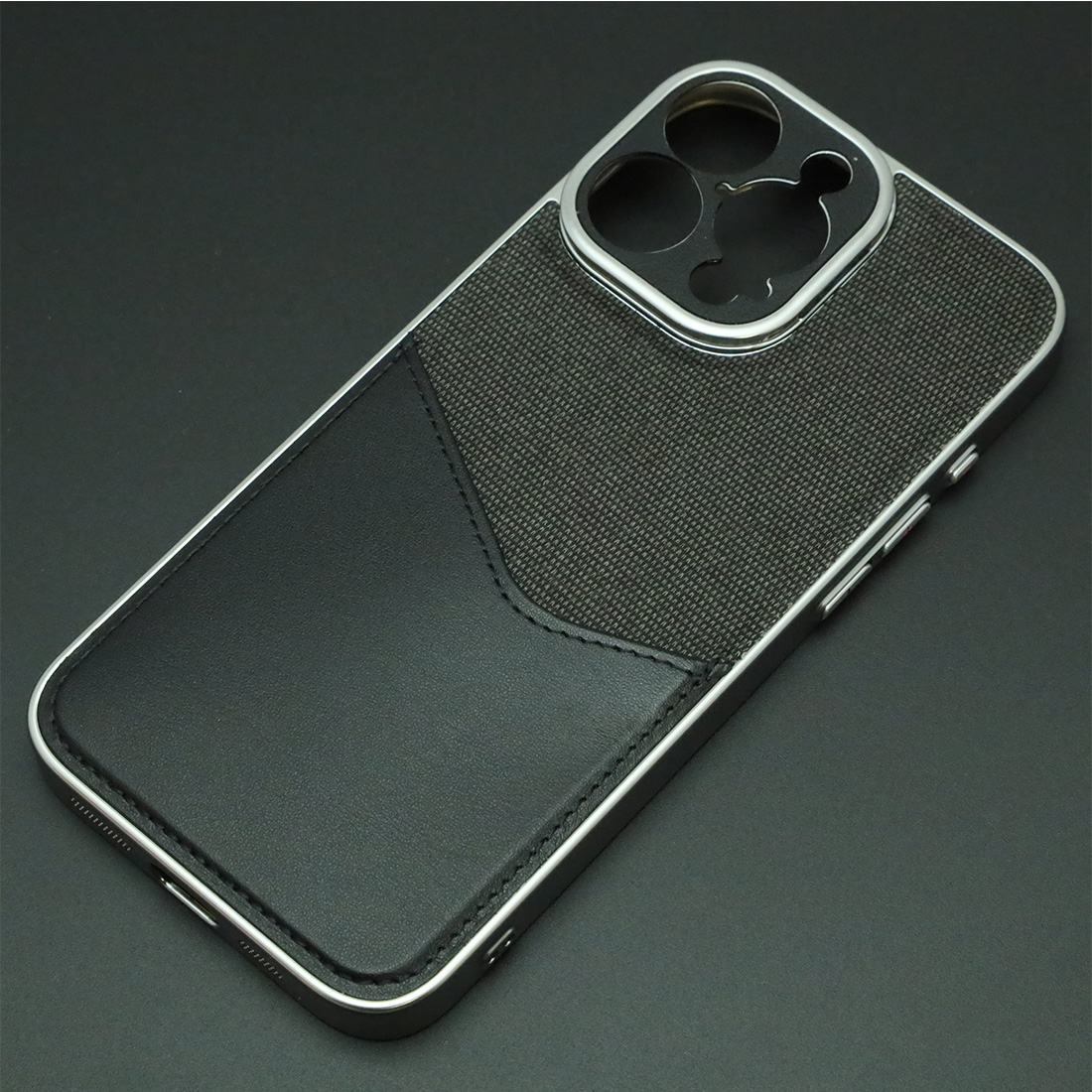 Чехол накладка PROTECTION SHELL для APPLE iPhone 16 Pro Max (6.9"), защита камеры, подставка, отдел для карт, металл, ткань, цвет серебристо черный