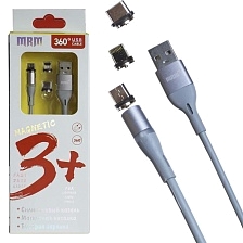 Магнитный зарядный кабель MRM 360 3 в 1, с магнитными насадками APPLE Lightning 8-pin, Micro USB, Type-C, цвет серый