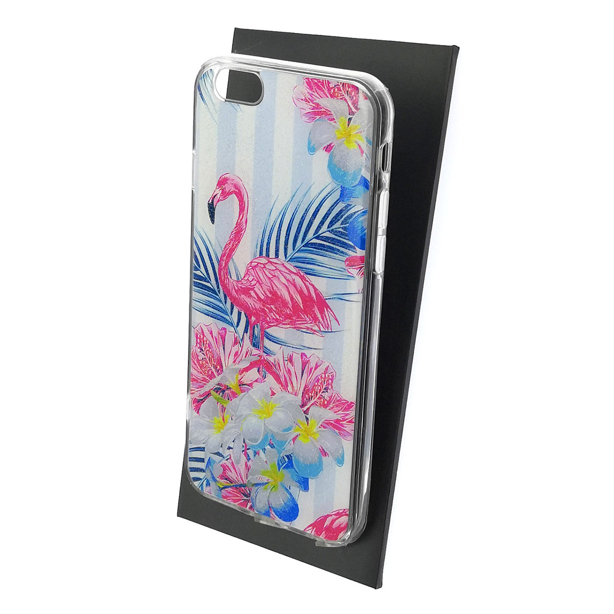 Чехол накладка для APPLE iPhone 6, iPhone 6G, iPhone 6S, силикон, глянцевый, блестки, рисунок Фламинго цветы