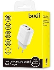 СЗУ (Сетевое зарядное устройство) BUDI AC306EW20, PD 20W, QC3.0 18W, USB-A/USB-C Type-C, цвет белый