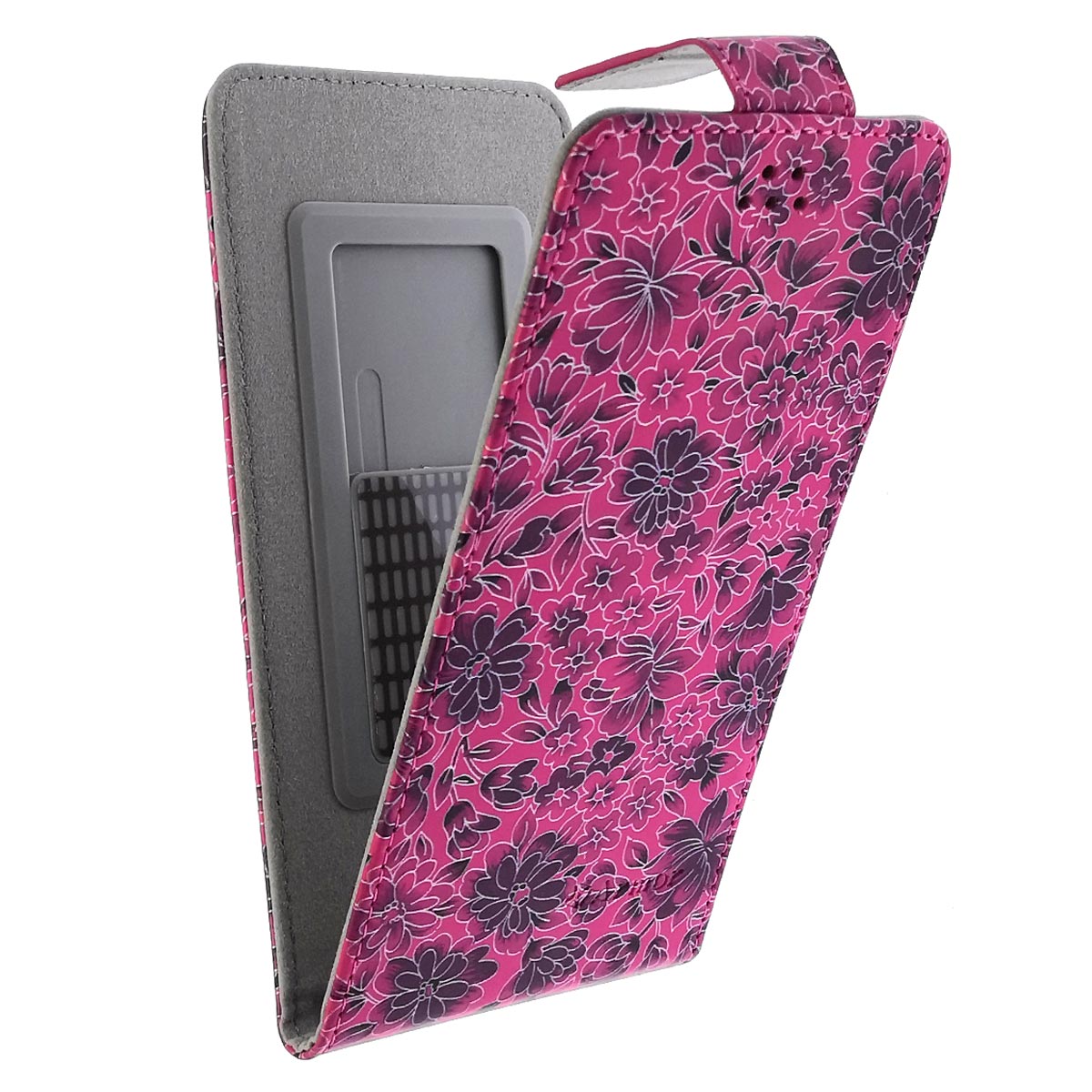 Чехол книжка универсальная Армор для смартфонов размером L, экокожа, цвет малиновый с цветочками