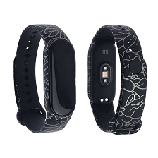 Сменный ремешок для фитнес браслета, смарт часов XIAOMI Mi Band 5, рисунок черно серые цветы.