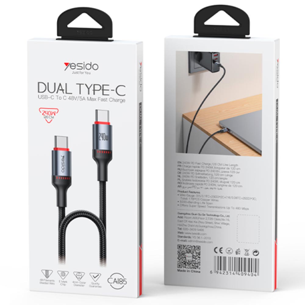 Кабель Yesido CA185 USB Type C на USB Type C, 240W, длина 1.2 метра, нейлон, цвет черный