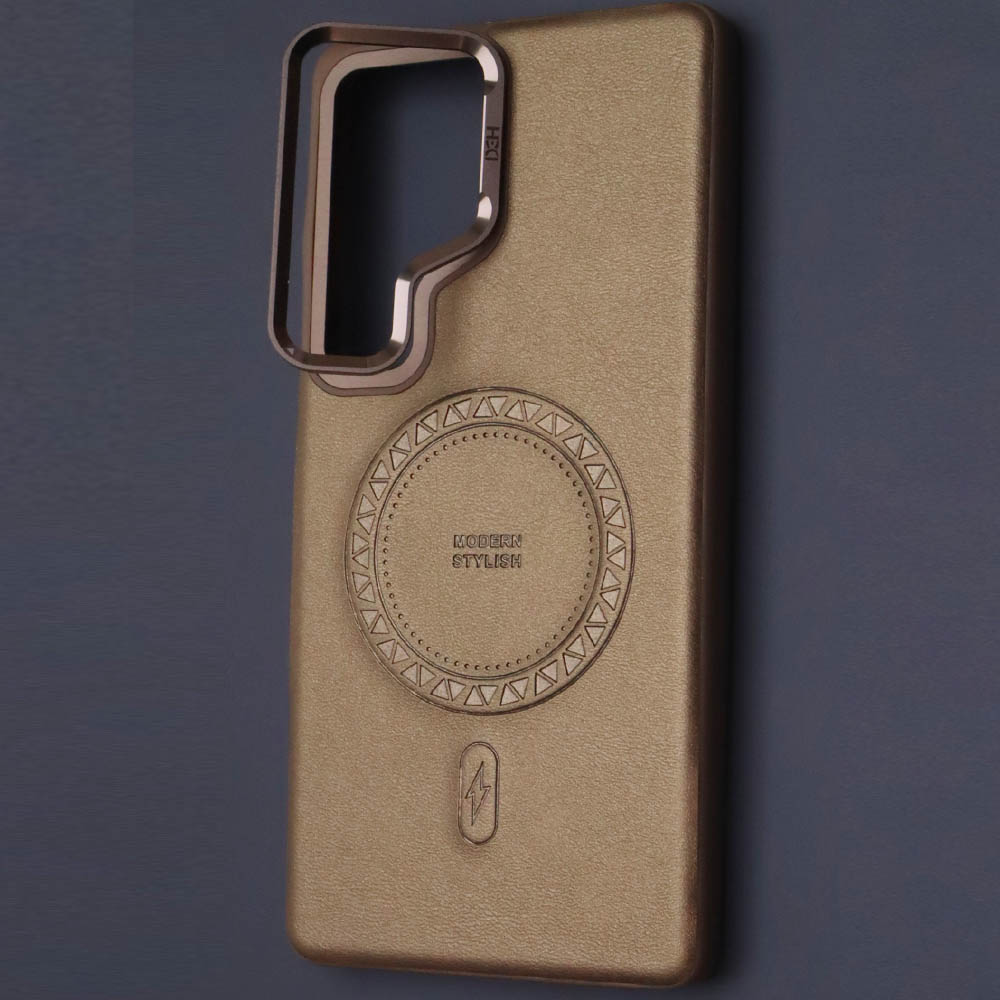 Чехол накладка Modern Stylish с поддержкой MagSafe для SAMSUNG GALAXY S25 ULTRA, защита камеры, подставка, экокожа, бархат, цвет золотистый
