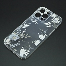 Чехол накладка для APPLE iPhone 15 Pro Max, защита камеры, силикон, прозрачный, рисунок Белые цветы