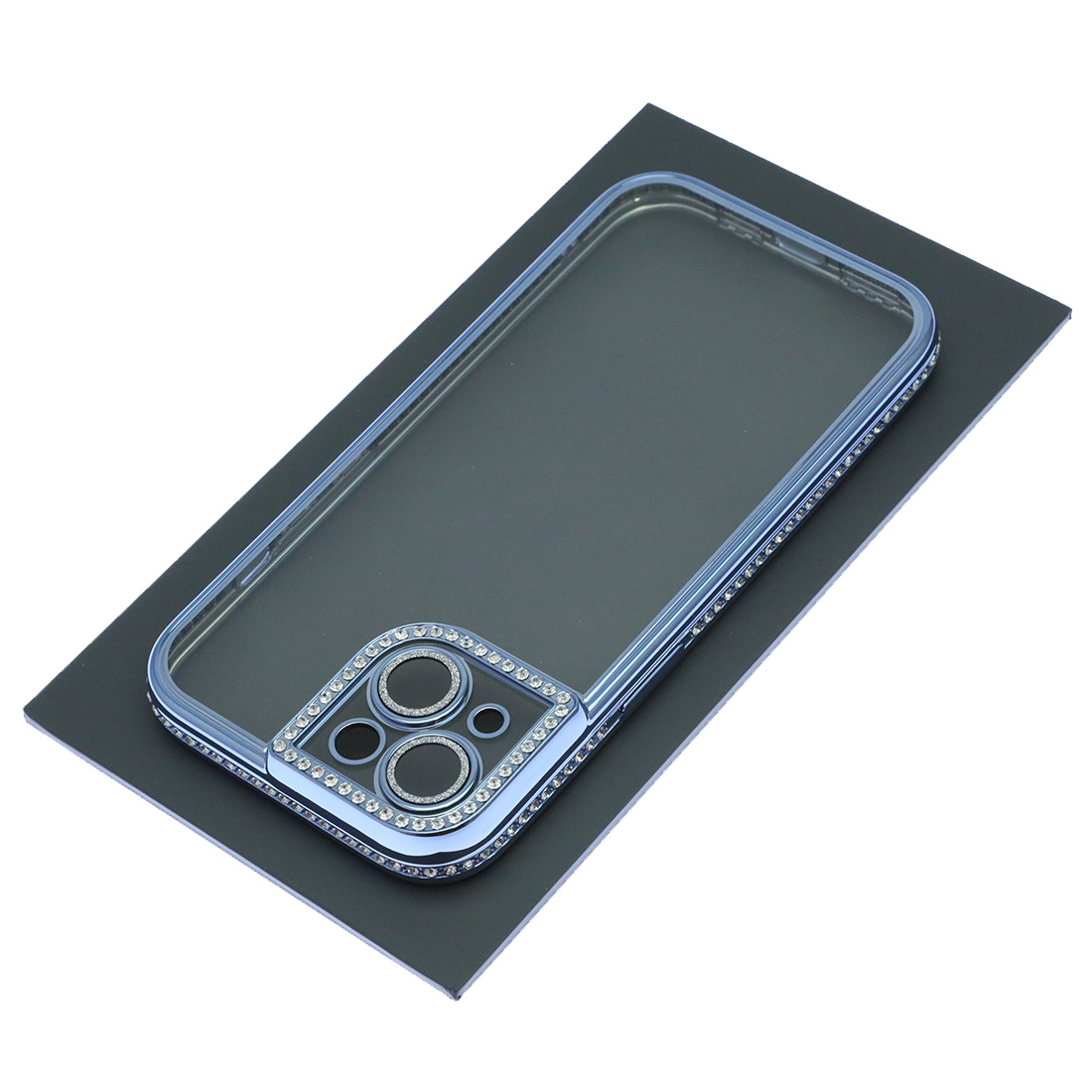 Чехол накладка для APPLE iPhone 15, силикон, защита камеры, стразы, цвет окантовки голубой