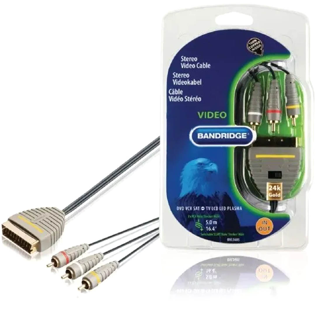 Кабель BANDRIDGE BVL5602 аудио-видео SCART Male (папа) - 3 RCA Male (папа), скарт на тюльпаны, длина 2 метра, цвет черный