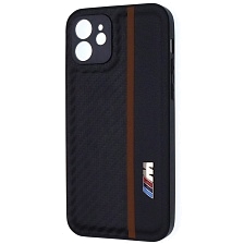 Чехол накладка для APPLE iPhone 12, силикон, карбон, экокожа, защита камеры, знак BMW M серии, цвет черный с коричневой полоской