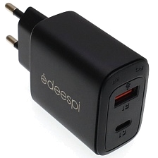 СЗУ (Сетевое зарядное устройство) DEESPI GaN25, 50W, 1 USB, 1 USB Type C, PD, QC3.0, цвет черный