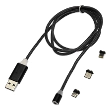 Магнитный зарядный кабель X-CABLE 360° Metal Magnetic Cable с насадками APPLE Lightning 8-pin, Micro USB, Type-C, длина 1 метр, цвет черный