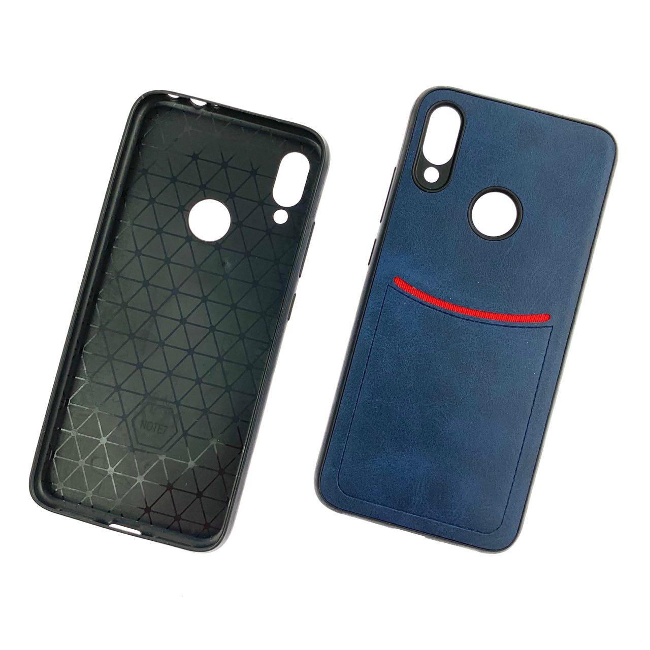 Чехол накладка для XIAOMI Redmi Note 7, Note 7 Pro, силикон, визитница, экокожа, цвет темно синий.