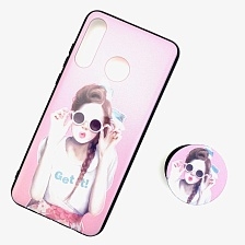 Чехол накладка для HUAWEI P30 Lite, Nova 4E 2019, силикон, с поп сокетом, рисунок Девушка в круглых очках.