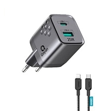 СЗУ (Сетевое зарядное устройство) QAYAN QHC-144 с кабелем USB Type C на Lightning 8 pin, 25W, PD25W, QC3.0, 1 Type C, 1 USB, GaN25W, длина 1.2 метра, цвет черный