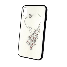 Чехол накладка для APPLE iPhone X, стекло, пластик, стразы, рисунок Хвост павлина сердце.