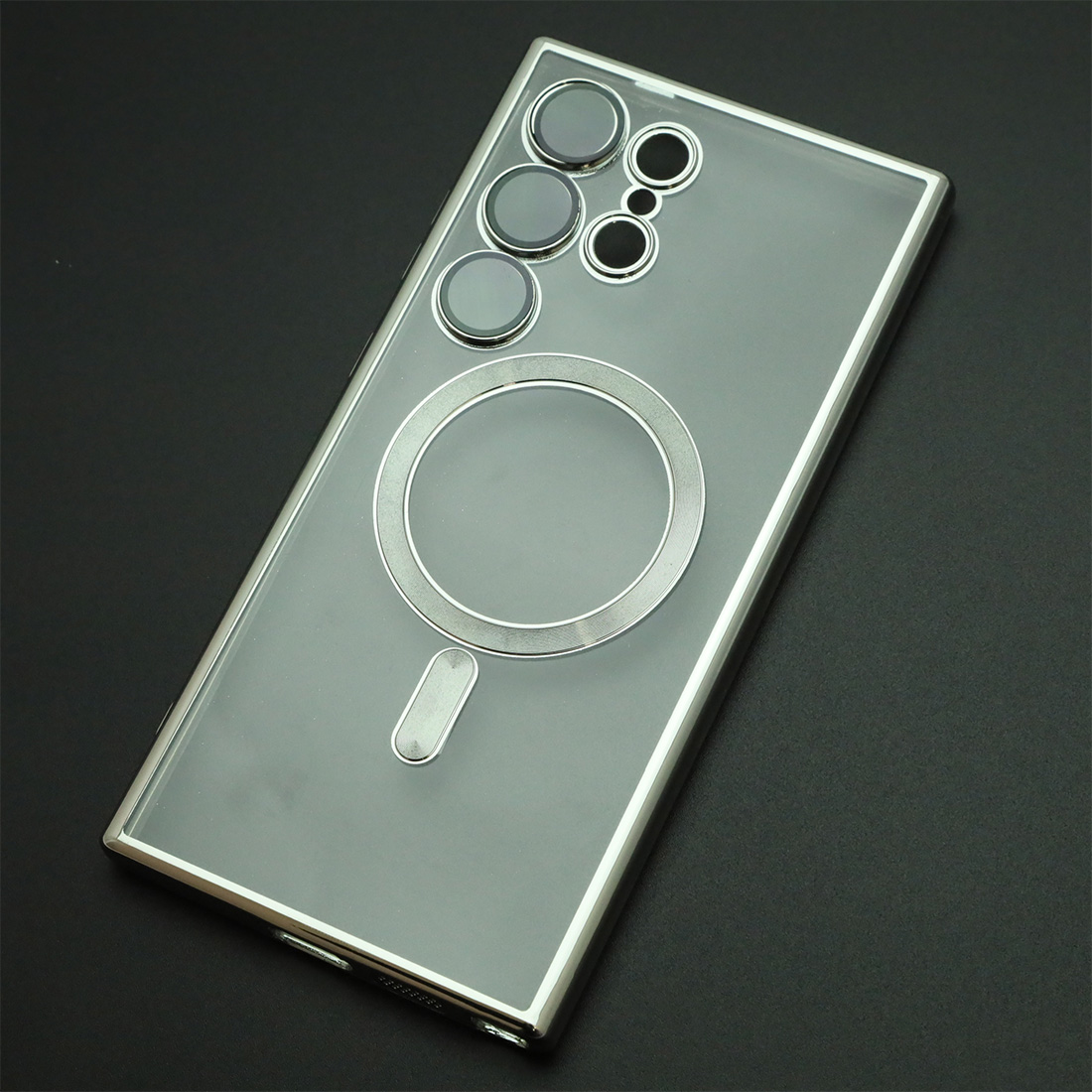Чехол накладка FASHION CASE для SAMSUNG Galaxy S24 Ultra, с поддержкой MagSafe, силикон, защита камеры, прозрачный, цвет окантовки серебристый