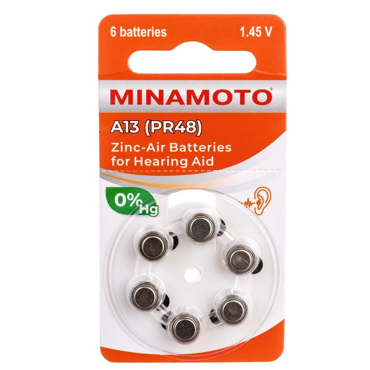 Батарейка MINAMOTO A13 (PR48 / ZA13 / V13A / DA13) BL6 Zinc-Air 1.45V для слуховых аппаратов
