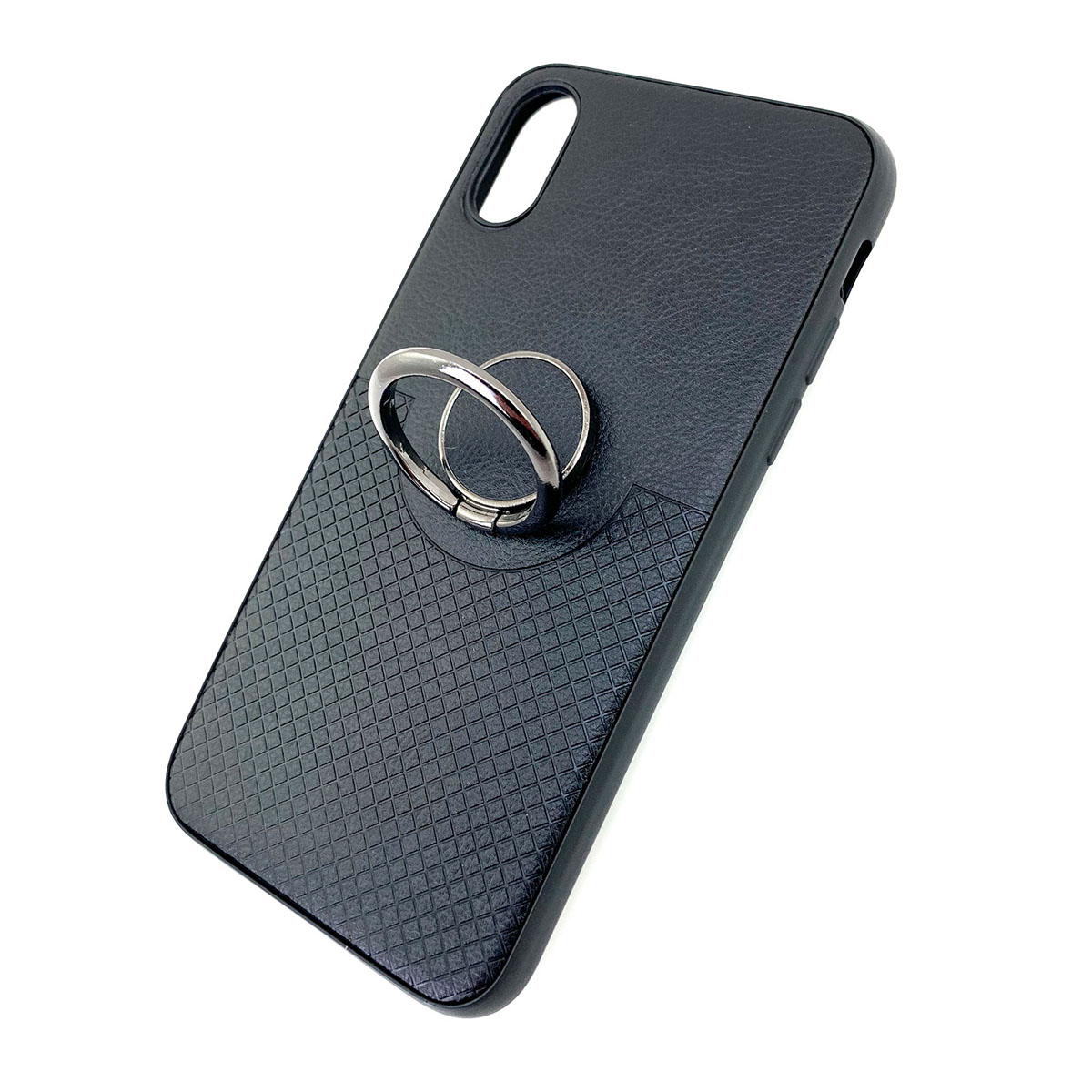 Чехол накладка для APPLE iPhone X, XS, силикон, под кожу, кольцо держатель, цвет черный.