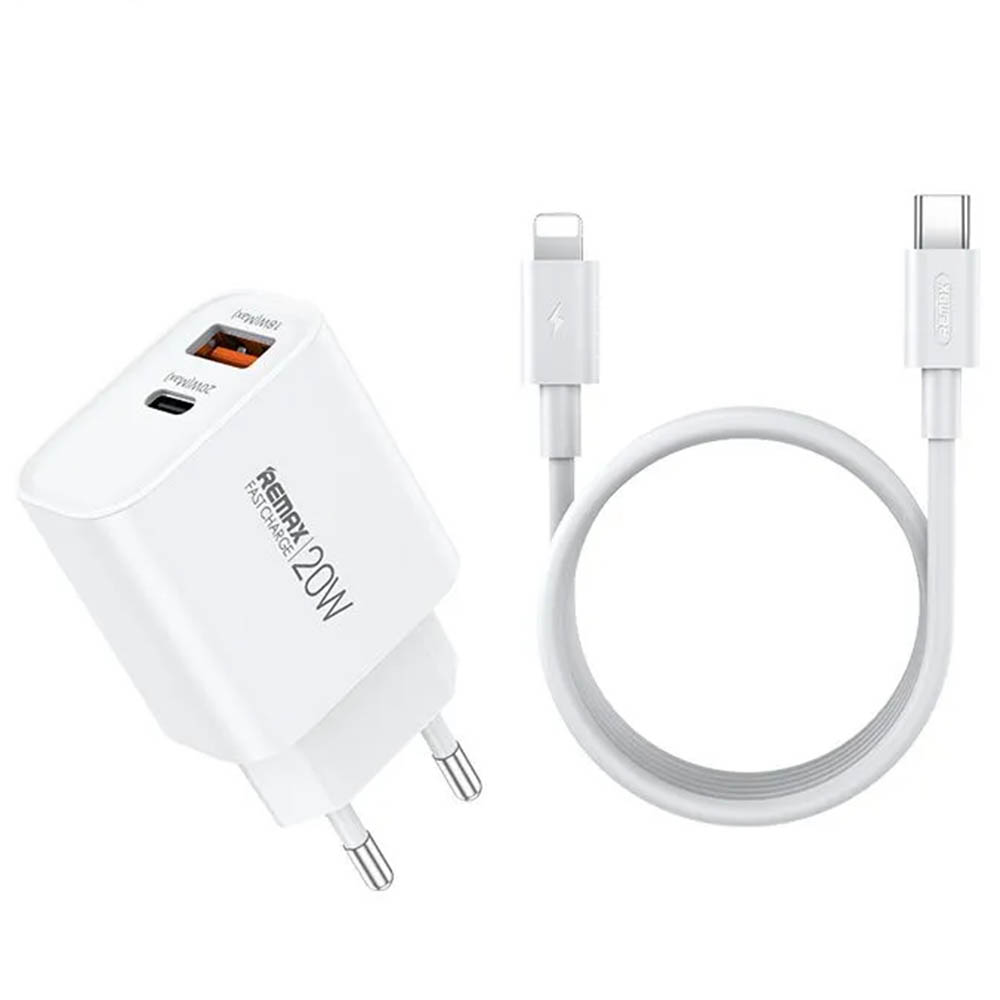 СЗУ (Сетевое зарядное устройство) REMAX Kiddy RP-U120 с кабелем USB Type C на Lightning 8 pin, 20W, 1 USB, 1 USB Type C, длина 1 метр, цвет белый