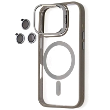 Чехол накладка BRACKET с поддержкой MagSafe для APPLE iPhone 16 Pro, защитные стекла камер, подставка, прозрачный, цвет окантовки темно серый