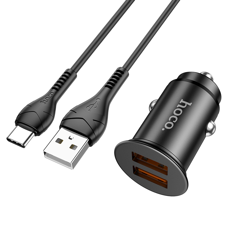 АЗУ (Автомобильное зарядное устройство) HOCO NZ1 c кабелем USB Type C, 2 USB, QC3.0, 1 метр, цвет черный