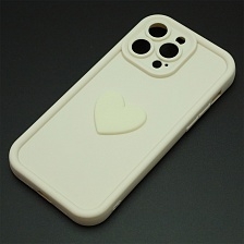 Чехол накладка для APPLE iPhone 14 Pro Max, силикон, 3D сердце, защита камеры, бортики, цвет молочный