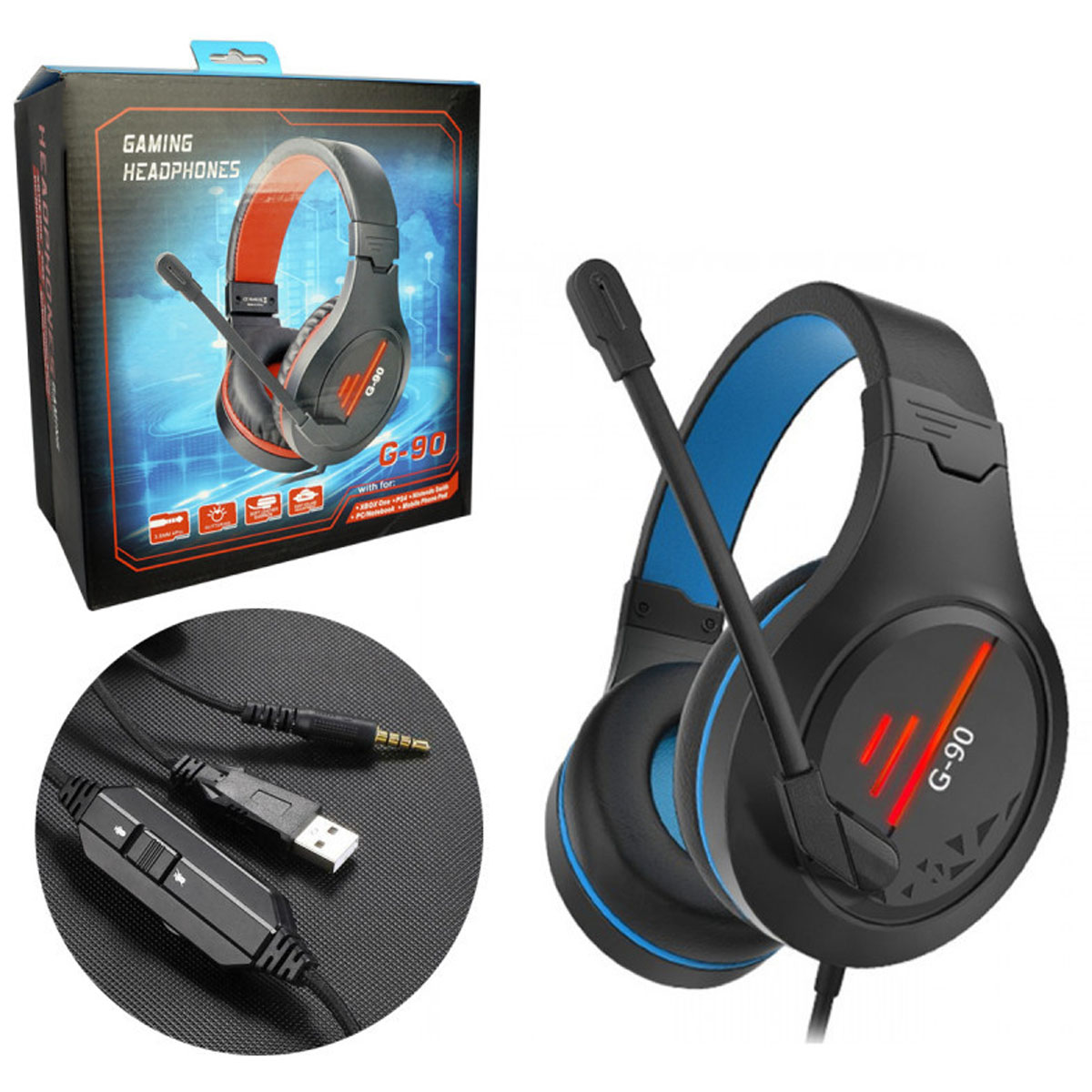Игровая гарнитура (наушники с микрофоном) проводная, полноразмерная, GAMING HEADPHONES G-90, подсветка, цвет черно синий
