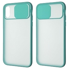 Чехол накладка для APPLE iPhone X, iPhone XS, силикон, пластик, матовый, со шторкой для защиты задней камеры, цвет окантовки бирюзовый