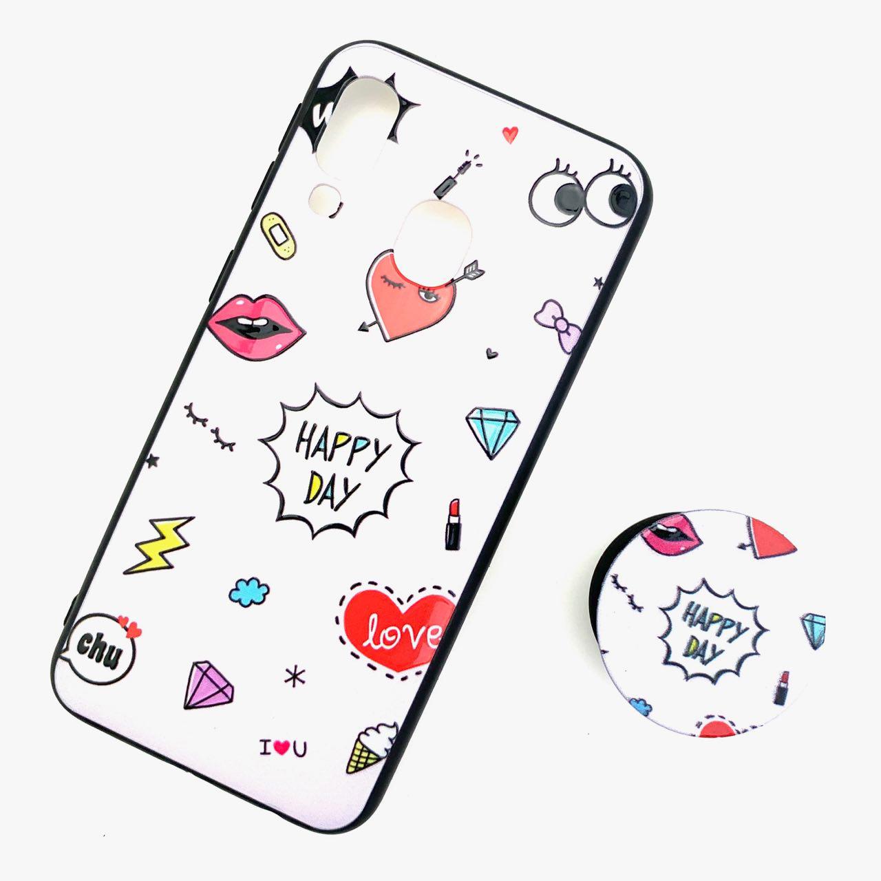 Чехол накладка для SAMSUNG Galaxy A40 (SM-A405), силикон, с поп сокетом, рисунок Happy Day.