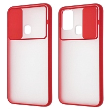 Чехол накладка для SAMSUNG Galaxy M30s (SM-M307F), M21 (SM-M215), силикон, пластик, матовый, со шторкой для защиты задней камеры, цвет окантовки красный