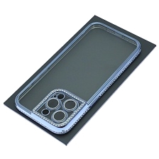Чехол накладка для APPLE iPhone 15 Pro, силикон, защита камеры, стразы, цвет окантовки голубой