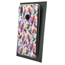 Чехол накладка для HUAWEI Y7 2019, силикон, глянцевый, блестки, рисунок Попугаи колибри