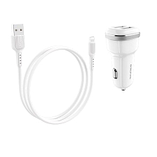 АЗУ (Автомобильное зарядное устройство) BOROFONE BZ13 Extreme с Lightning 8 pin, 2 USB, 2.4A, длина 1 метр, цвет белый