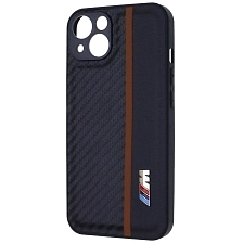 Чехол накладка для APPLE iPhone 13, силикон, карбон, экокожа, защита камеры, знак BMW M серии, цвет черный с коричневый полоской