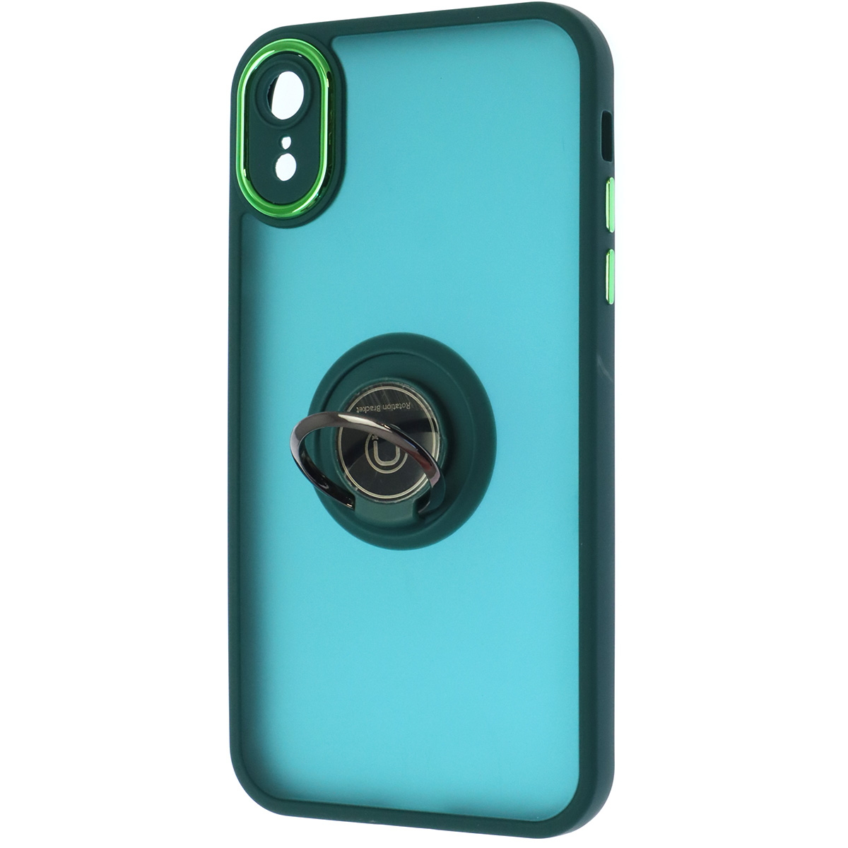 Чехол накладка KING для APPLE iPhone XR, силикон, пластик, кольцо держатель, защита камеры, цвет окантовки темно зеленый