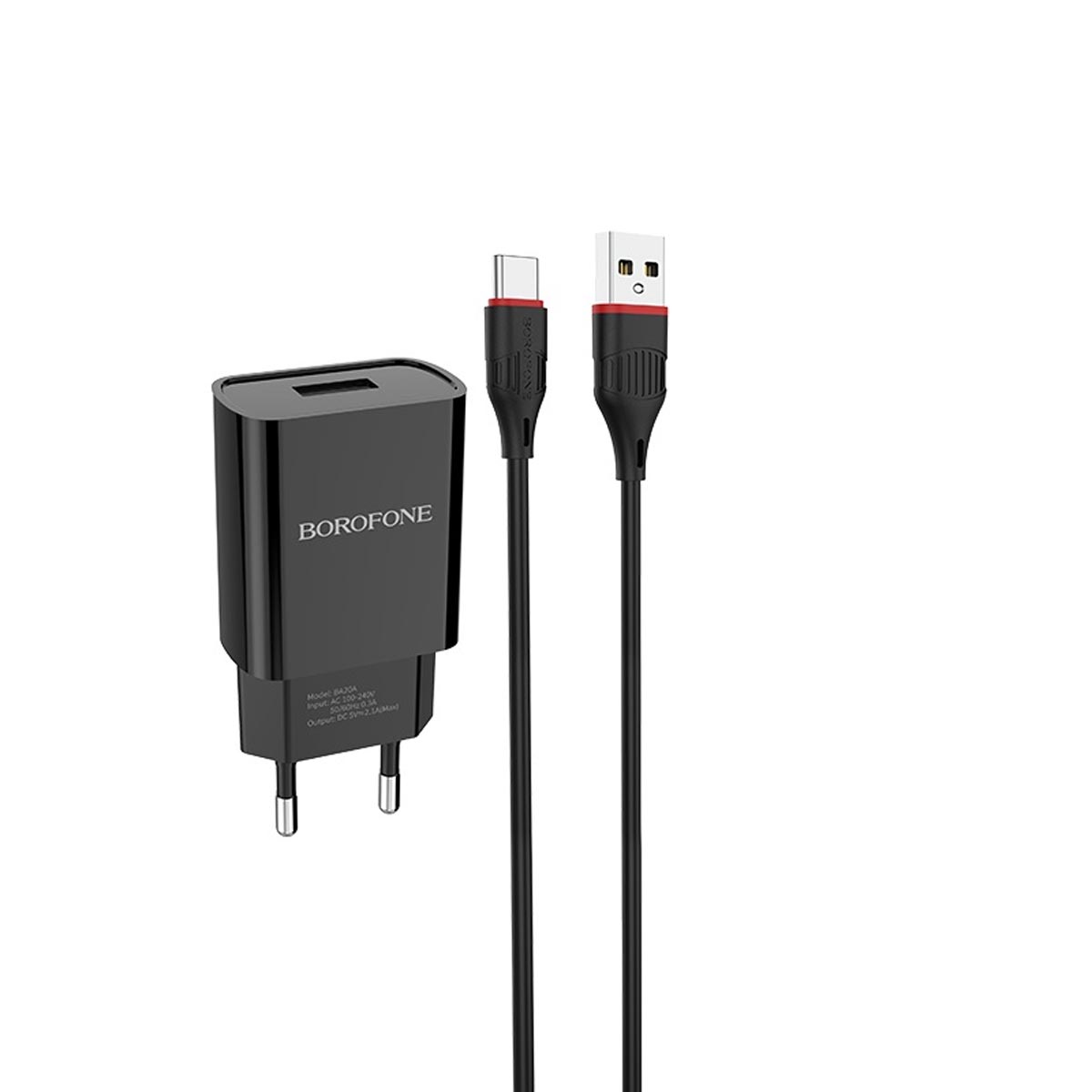 СЗУ (Сетевое зарядное устройство) BOROFONE BA20A Sharp с кабелем USB Type C, 2.1А, длина 1 метр, цвет черный