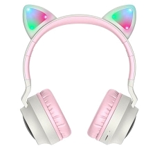 Гарнитура (наушники с микрофоном) беспроводная, полноразмерная, HOCO W27 CAT EAR, RGB подсветка, цвет серо розовый