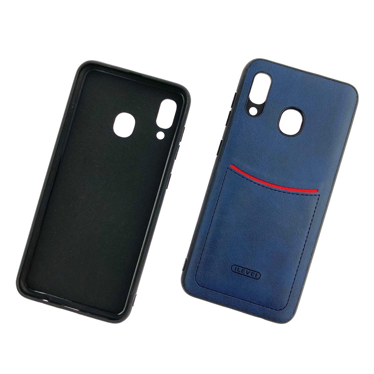 Чехол накладка ILEVEL для SAMSUNG Galaxy A20 2019 (SM-A205), A30 2019 (SM-A305), силикон, под кожу, визитница, цвет темно синий.