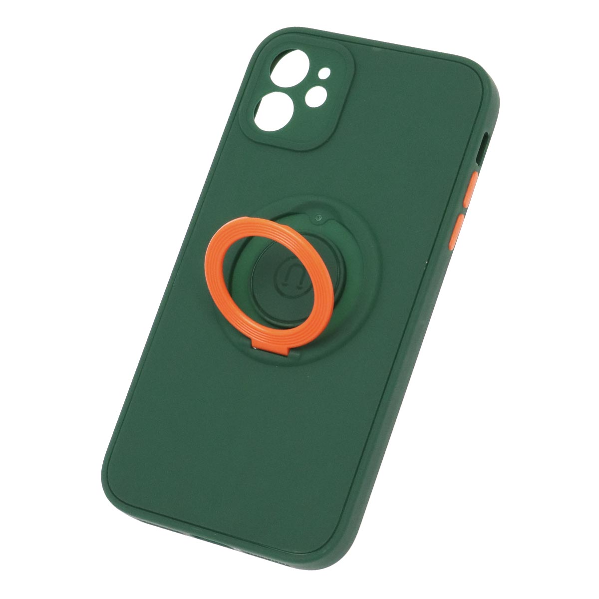 Чехол накладка для APPLE iPhone 11, силикон, с оранжевым кольцом держателем, цвет сосново зеленый