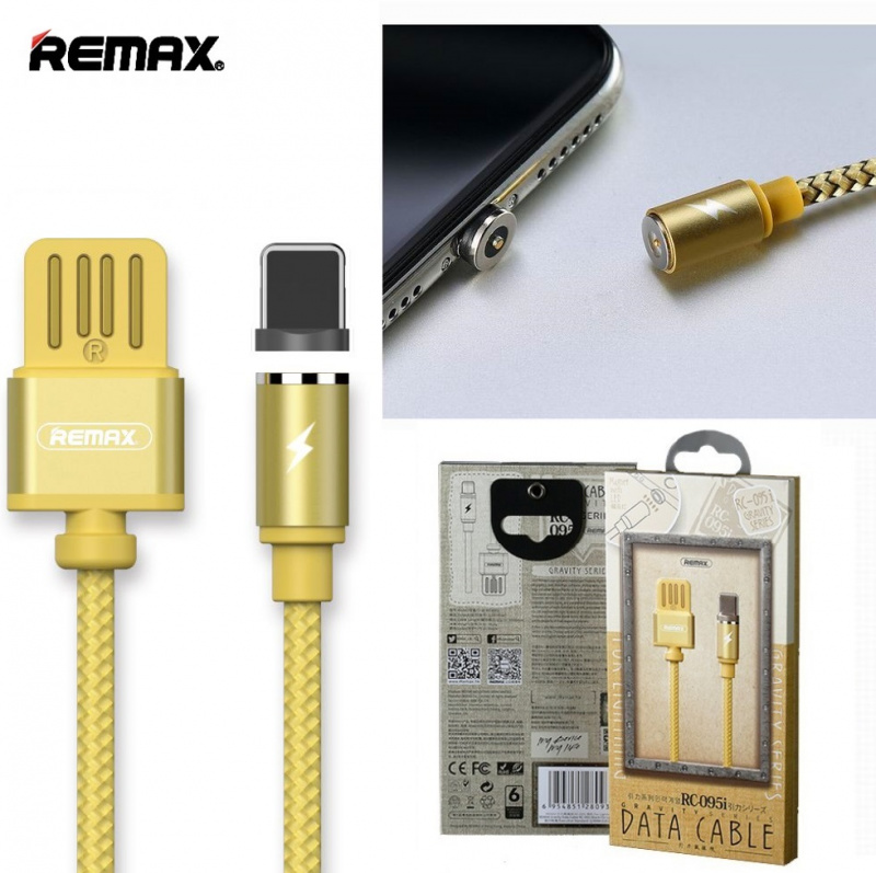 Кабель для USB Lightning 8 pin Remax RC-095i, магнитный, оплетка ткань, цвет золотистый